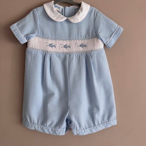 Luli & Me Smocked Fish Embroidered Romper Blue White Seersucker Baby Boy 24M - Picture 1 of 5